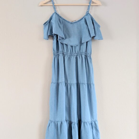 Roxy Y2K Chambray Ruffle Tiered Off the Shoulder Summer Maxi Dress XS - Picture 4 of 9